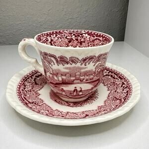 Vintage Mason's Vista Demitasse Cup and Saucer England Pink Red